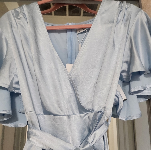 Selfie Leslie CAMI ANGEL SLEEVE FAUX WRAP DRESS STEEL BLUE - Picture 13 of 16